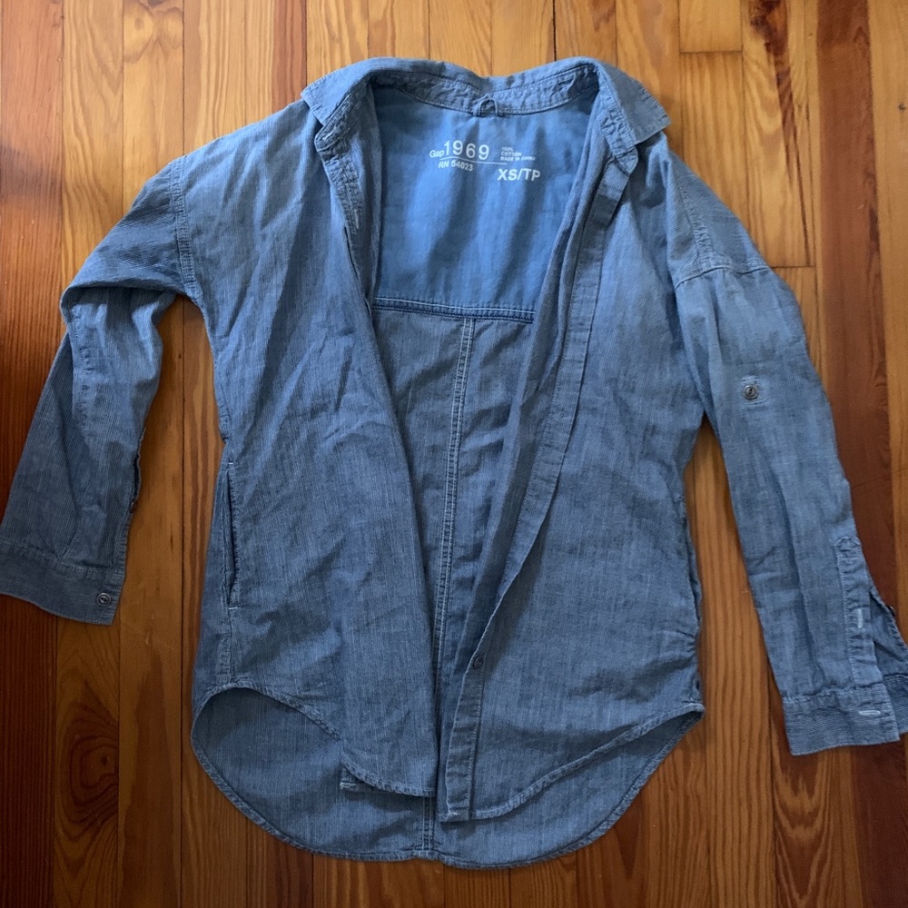 Blue and small white striped button up